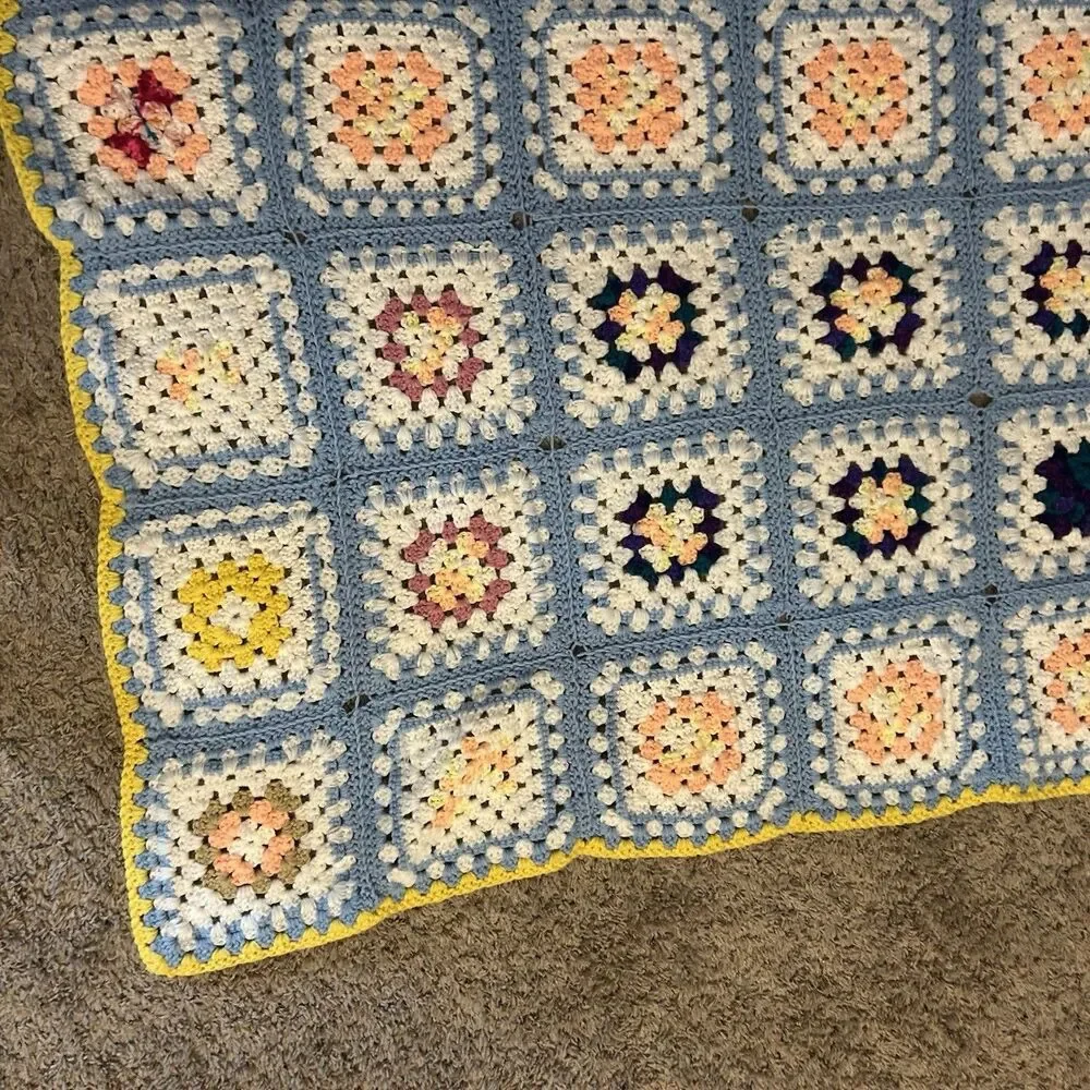 Vintage Crochet Afghan Granny Square Pastel Handmade Baby Blanket 65”x39”